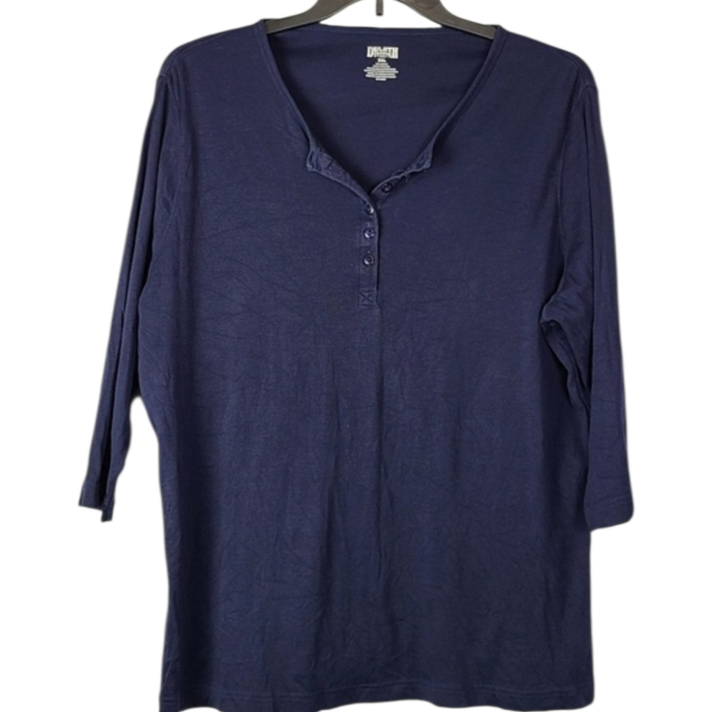 Duluth Trading Co. Womens Blue Henley Shirt 3/4 Sleeve Size 2XL Casual Cotton